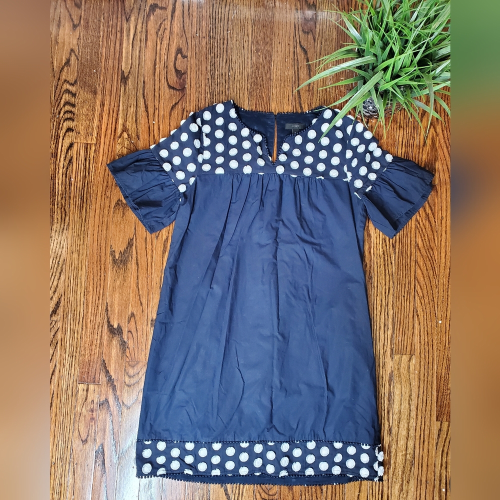 J. Crew Women's Bell Sleeve Dress With Fringe Dot Navy & Cream Size 8 - Picture 5 of 10